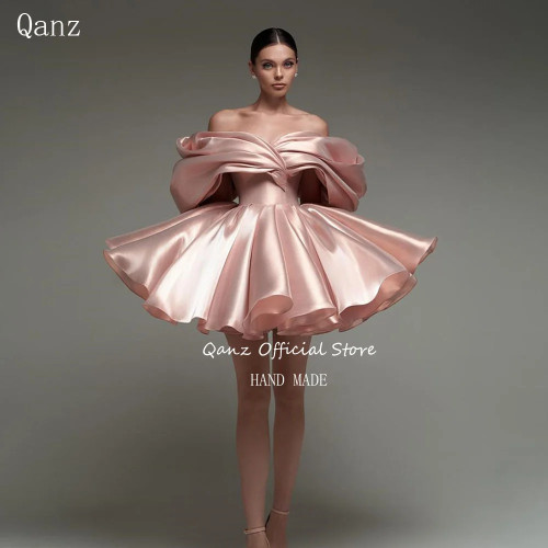 Qanz Короткие выпускные платья розового золота с открытыми плечами из атласа Vestidos De Graduación Mini Lace Up Back Vestidos De Fiesta по индивидуальному заказу