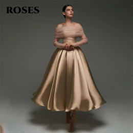 ROSES Gold Soft Stain Вечернее платье трапециевидной формы Элегантное платье для выпускного вечера с открытыми плечами и складками Свадебное вечернее платье robes de soirée по индивидуальному заказу