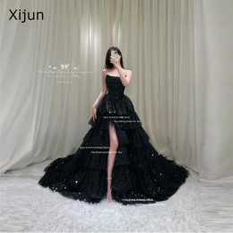 Xijun Glitter Black Long Evening Dresses Tiered Sleeveless Korean Wedding Dresses Photo Shoot Formal Prom Dresses Customized