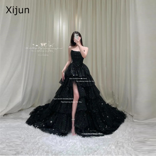 Xijun Glitter Black Long Evening Dresses Tiered Sleeveless Korean Wedding Dresses Photo Shoot Formal Prom Dresses Customized