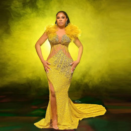 Великолепные платья для выпускного вечера Русалка Vestidos de Gala Желтые вечерние платья с многослойными плечами и бисером Прозрачное платье для выпускного вечера