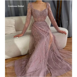 Contessa Dubai Pale Purple Sequin A-line Prom Dresses V Neck Side High Split Customized فساتين سهرة Floor-Length robes de soirée