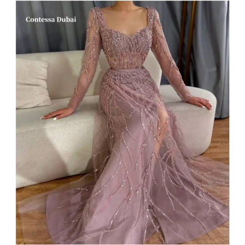 Contessa Dubai Pale Purple Sequin A-line Prom Dresses V Neck Side High Split Customized فساتين سهرة Floor-Length robes de soirée