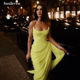Smileven Желтые шифоновые платья для выпускного вечера трапециевидной формы без бретелек со складками по бокам и боковым разрезом до щиколотки Вечерние вечерние платья Сексуальная женская одежда по индивидуальному заказу