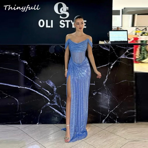 Thinyfull Русалка с открытыми плечами, платья для выпускного вечера, блестящее вечернее платье без рукавов, 2022, вечернее платье с разрезом, robes de soirée по индивидуальному заказу
