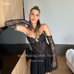 Qanz Illusion Black Full Lace Short Prom Dresses Sweetheart Vestidos De Festa Mini A Line Sexy Vestidos De Graduación индивидуальные