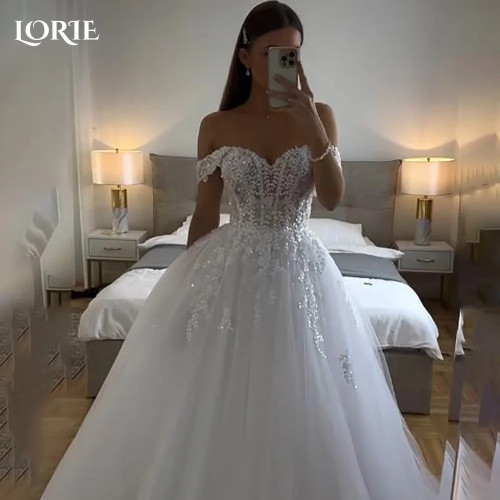 LORIE винтажное блестящее кружевное свадебное платье трапециевидной формы с блестящими открытыми плечами милое свадебное платье принцессы блестящее платье невесты по индивидуальному заказу