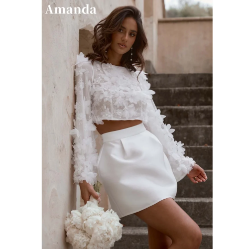 Amanda Роскошное короткое платье ручной работы с 3D цветами Vestidos De Novia, комплект из двух предметов, свадебное платье с рукавами-трубой, сладкий халат De Mariée