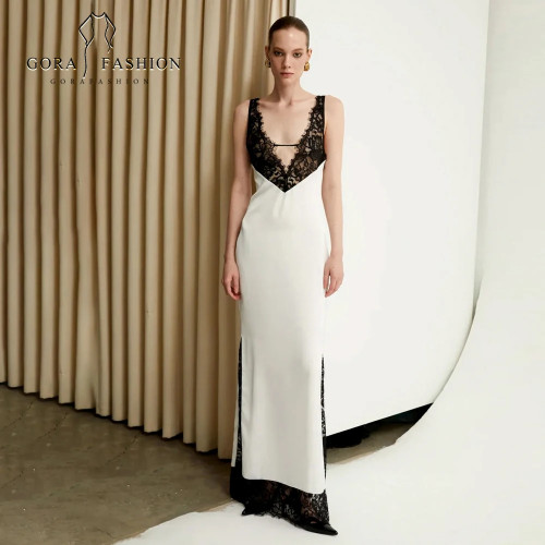 GORAFASHION элегантное кружевное белое вечернее платье с v-образным вырезом, бандажное вышитое сексуальное тонкое коктейльное платье без рукавов для женщин