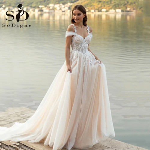 SoDigne пляжное свадебное платье милая кружевная аппликация с открытыми плечами корсет свадебное платье принцессы свадебное платье по индивидуальному заказу