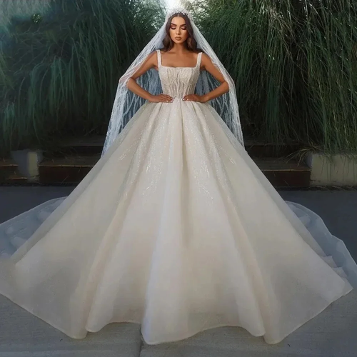 Свадебное платье без рукавов по индивидуальному заказу, 2025, великолепное бальное платье с квадратным воротником и бисером, платье принцессы для невесты, большие размеры, Vestido de Noiva