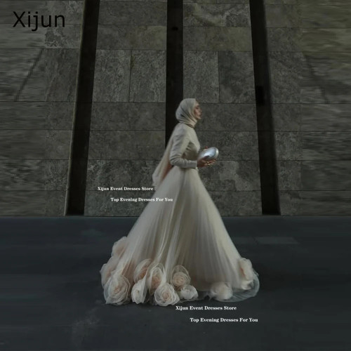 Xijun Скромные длинные вечерние платья цвета слоновой кости с 3D цветами А-силуэта Мусульманские свадебные платья Дубай Вечернее платье для выпускного вечера 2025 по индивидуальному заказу