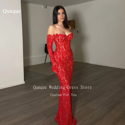 Qembali Red Lace Русалка Вечерние платья Robe De Soirée Sweetheart с длинными рукавами Пром платья Vestido De Gala Noche Mujer по индивидуальному заказу
