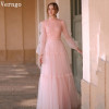 Verngo Blush Pink Тюлевое вечернее платье Элегантное кружевное трапециевидное платье для торжественных случаев Платье макси на пуговицах для свадебной вечеринки по индивидуальному заказу