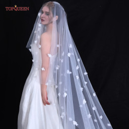 TOPQUEEN 3D цветы жемчуг свадебные вуали 3 метра роскошные длинные свадебные вуали собор 2 яруса покрыть лицо свадебные аксессуары V190