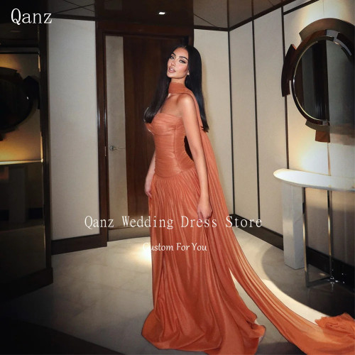Qanz Burnt Orange Strapless Evening Dresses Women Modest Chiffon Scarf Party Dresses Long A Line Vestidos De Gala Customized