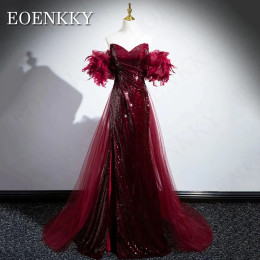 EOENKKY Бордовое вечернее платье с пайетками и русалкой длинные роскошные женские платья для выпускного вечера с перьями и открытыми плечами V-образный вырез по индивидуальному заказу Бургундская русалка палетка вечерн