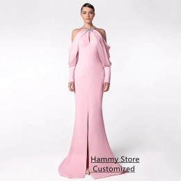 Сексуальное вечернее платье русалки Vestidos De Fiesta, индивидуальное платье с лямкой на шее и длинными рукавами и пуговицами, розовое платье для выпускного вечера, вечерние платья с разрезом