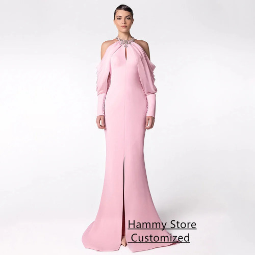 Сексуальное вечернее платье русалки Vestidos De Fiesta, индивидуальное платье с лямкой на шее и длинными рукавами и пуговицами, розовое платье для выпускного вечера, вечерние платья с разрезом