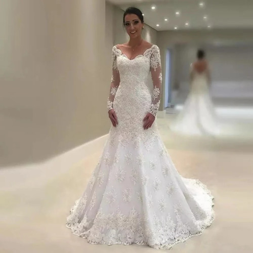 Gelinlik свадебное платье русалки M06 с длинным рукавом для невесты 2020 Vestido De Noiva летние кружевные вышитые бисером цвета слоновой кости свадебные платья платье