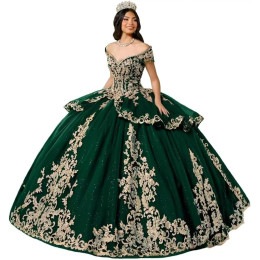 Женское блестящее тюлевое платье Quinceanera со шлейфом и открытыми плечами, роскошное милое платье с кисточками для выпускного вечера 15 16, бальное платье с золотыми бусинами на заказ