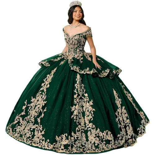 Женское блестящее тюлевое платье Quinceanera со шлейфом и открытыми плечами, роскошное милое платье с кисточками для выпускного вечера 15 16, бальное платье с золотыми бусинами на заказ