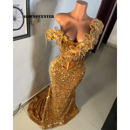 Блестящие золотые вечерние платья Aso Ebi в африканском стиле с рюшами и открытыми плечами, вечерние платья русалки, роскошные женские платья 2025, по индивидуальному заказу