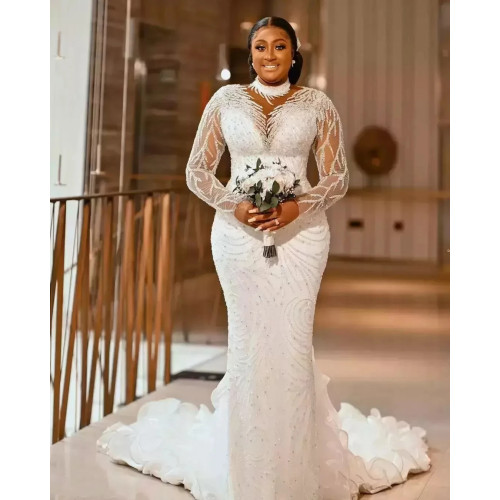 Женское свадебное платье с длинным рукавом, кружевное платье с бисером, модель 2024