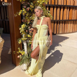 Qazn Желтые элегантные шифоновые вечерние платья с высоким разрезом Vestidos De Fiesta на шнуровке сзади Длинные трапециевидные вечерние платья для выпускного вечера по индивидуальному заказу