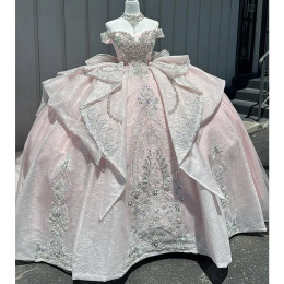 Розовые платья Quinceanera с бантом, милый корсет, блестящие кружевные аппликации, бальное платье для подростков, пышное платье по индивидуальному заказу