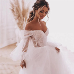 Свадебные платья Fairy Boho со съемными длинными пышными рукавами, платье невесты, кружевное пляжное свадебное платье по индивидуальному заказу, большие размеры, корсет сзади
