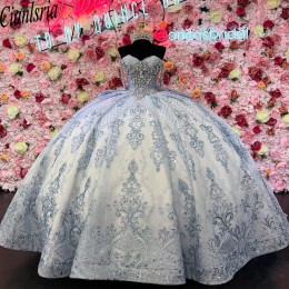 Блестящее кружевное светло-голубое бальное платье Quinceanera с бантом, 2025 г., милая аппликация из бисера, вечерние платья 15 лет, Vestidos De 15 лет