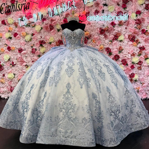Блестящее кружевное светло-голубое бальное платье Quinceanera с бантом, 2025 г., милая аппликация из бисера, вечерние платья 15 лет, Vestidos De 15 лет