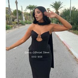 Qanz Sexy Black Sheath Evening Dresses Mermaid Satin with Scarf Bespoke Occasion Dresses Strapless Party Gown Women Customized