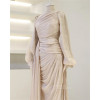 Xijun Modest Silk Satin Evening Dresses O-Neck  Moroccan Kaftan Long Sleeves Prom Dresses Pleats Prom Dresses Dubai Customized