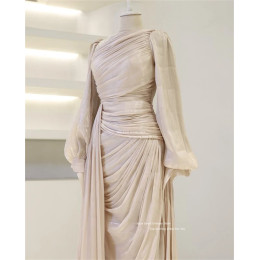 Xijun Modest Silk Satin Evening Dresses O-Neck  Moroccan Kaftan Long Sleeves Prom Dresses Pleats Prom Dresses Dubai Customized