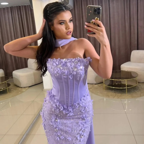 Bella Customize Фиолетовый Блеск 3D Цветы robes de soirée Русалка без бретелек с открытой спиной Пром платья длиной до пола, свадебное платье