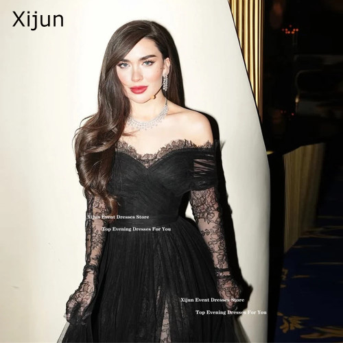 Xijun сексуальные черные кружевные длинные вечерние платья с открытыми плечами Милое платье для выпускного вечера с разрезом Саудовская Аравия Вечерние платья для выпускного вечера
