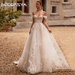 Очаровательные свадебные платья RODDRSYA с открытыми плечами кружевное платье с аппликацией свадебное Тюлевое платье с сердечком трапециевидной формы Очаровательные от плеча свадебные платья аппликационное кружево Мила
