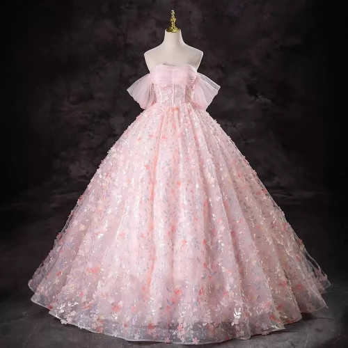 Розовое платье Quinceanera с цветочным принтом 2025, розовое платье с открытыми плечами и цветочной аппликацией, элегантные бальные платья принцессы длиной до пола, Vestidos