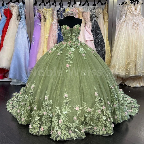 Платья Quinceanera без бретелек со шлейфом и аппликацией из тюля Sweet 16, пышное платье Quinceanera с 3D цветами по индивидуальному заказу