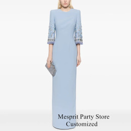 Prom Dress Long Customized Round Neck 3/4 Sleeves Beading Sequined Straight Arabian Evening Dress Pale Blue Saud Party Gown
