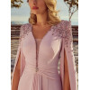 Elegant Cystals Beaded Mother Of The Bride Dress Ruched Satin Mermaid Dress Long Cape Sleeves Deep V-Neck Formal Evening Gowns