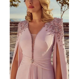 Elegant Cystals Beaded Mother Of The Bride Dress Ruched Satin Mermaid Dress Long Cape Sleeves Deep V-Neck Formal Evening Gowns