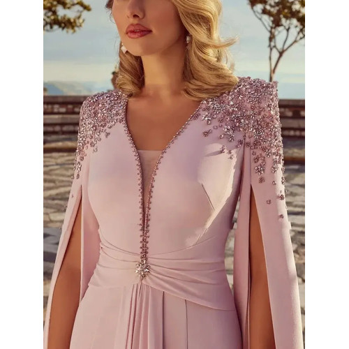Elegant Cystals Beaded Mother Of The Bride Dress Ruched Satin Mermaid Dress Long Cape Sleeves Deep V-Neck Formal Evening Gowns