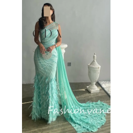 Fashionvane 2024 Customized Mermaid One Shoulder Shiny Pleated Pearls Feathers Women Prom Dresses Sexy Party Gown Evening Dress