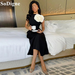 SoDigne Русалка Черные вечерние платья 3D цветы плиссированные чайной длины Коктейльное платье для особых случаев Пром платья по индивидуальному заказу