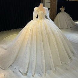 Customized White Ball Gown Wedding Dresses 2025 Sweetheart Neck Long Sleeves Vestido De Novia Lace Sequined Luxury Robe De Marie