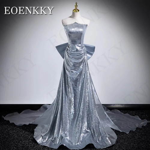 EOENKKY Серебряные платья для выпускного вечера с пайетками трапециевидное вечернее платье без бретелек с бисером и съемным шлейфом по индивидуальному заказу платье на выпускной Серебряные бальные платья с палетками 20