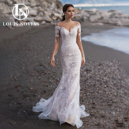 LOUIS NOVIAS Свадебные платья русалки для невесты с длинным рукавом и невидимым вырезом, свадебное платье с иллюзией и аппликацией, Vestidos De Novia